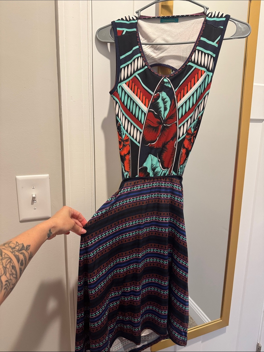 Sleeveless Midi Dress with Floral & Geometric Print in Black, Teal and Red